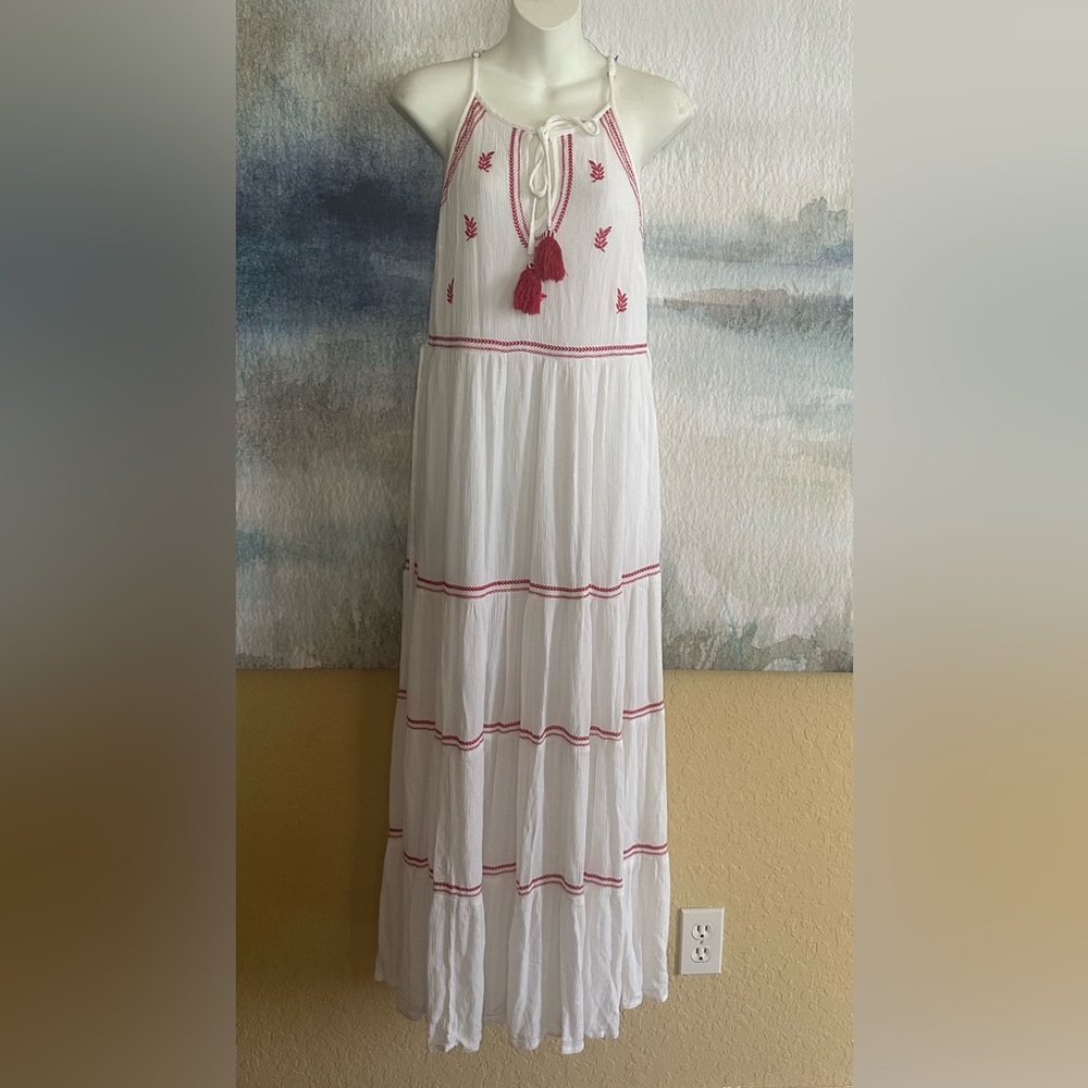 Band of Gypsies Saks White Maxi Dress with Red Embroidery SMALL